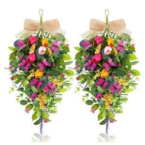Spring Swags for Front Door Artificial Tulip Teardrop Swags 2 Butterfly